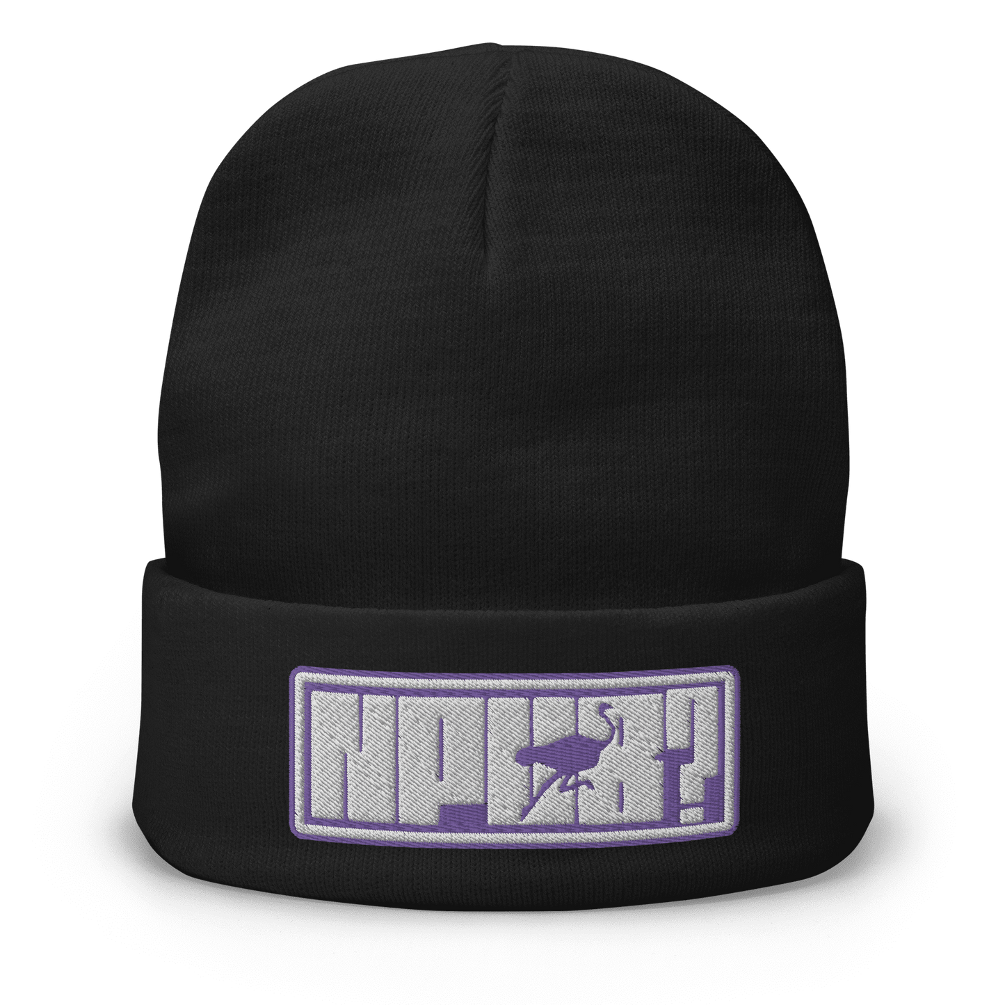 Front view of a black nostr beanie.