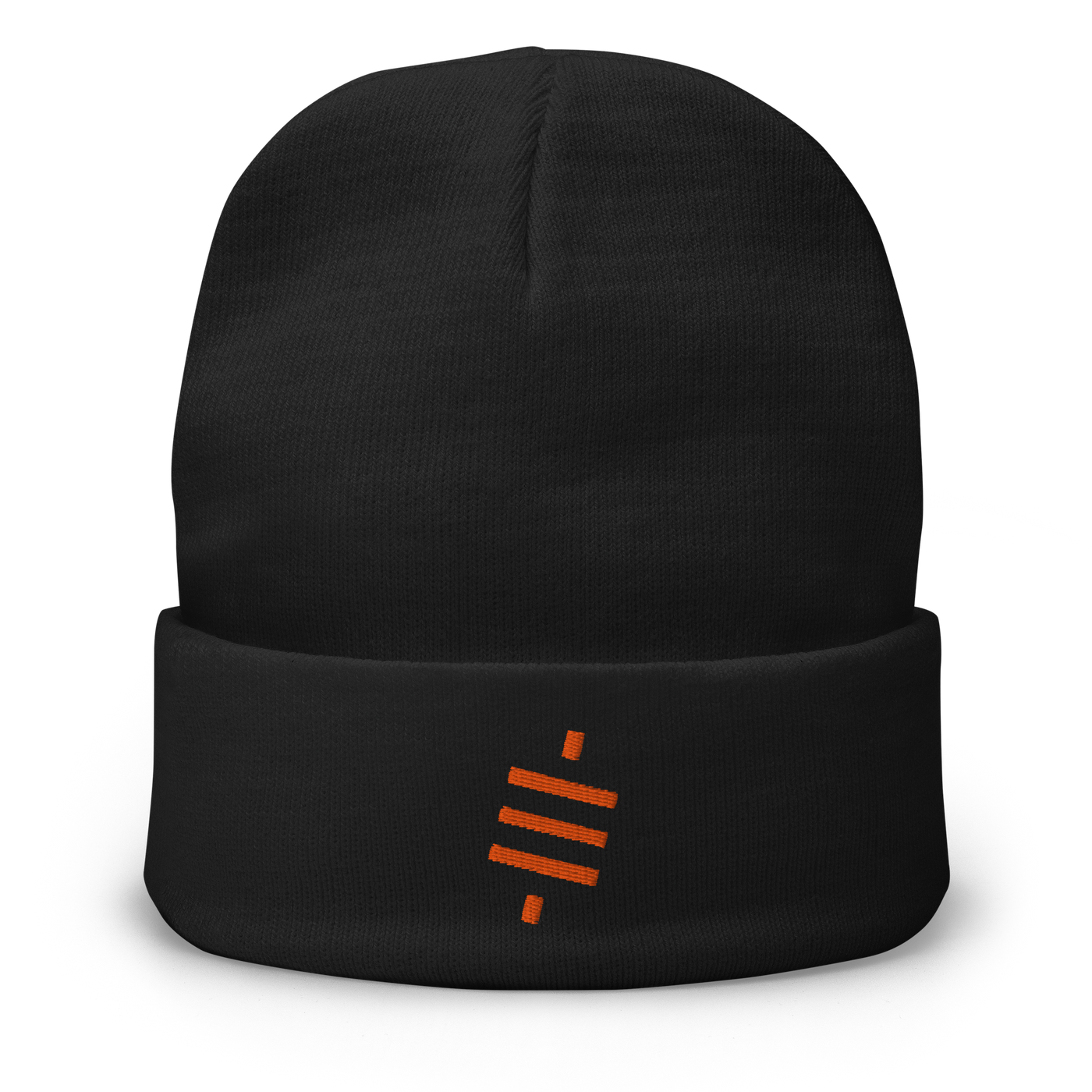 Sats Symbol embroidered bitcoin beanie, front view: the orange sats symbol embroidered on the front, three diagonal bars crossed by a vertical stroke, on a cuffed beanie.
