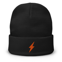 Lightning embroidered bitcoin beanie, front view: an orange lightning bolt embroidered on the front, on a cuffed beanie.