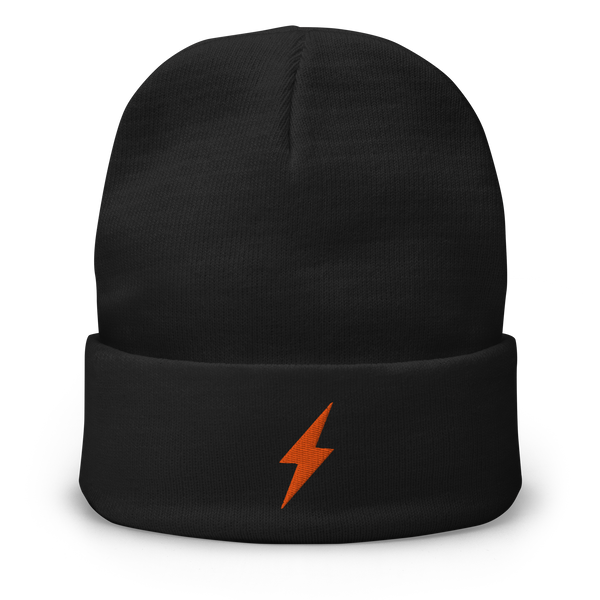 Lightning embroidered bitcoin beanie, front view: an orange lightning bolt embroidered on the front, on a cuffed beanie.