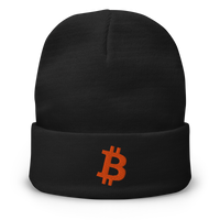 Bitcoin B embroidered bitcoin beanie, front view: a black cuffed beanie with a small orange bitcoin B embroidered on the cuff.