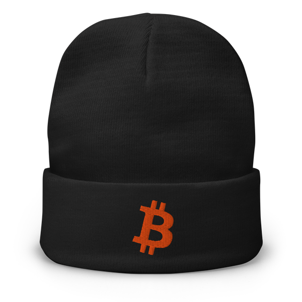 Bitcoin B embroidered bitcoin beanie, front view: a black cuffed beanie with a small orange bitcoin B embroidered on the cuff.