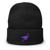 Nostrich embroidered nostr beanie, front view: a purple running ostrich silhouette embroidered on the front, on a cuffed beanie.
