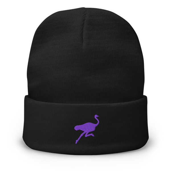 Nostrich embroidered nostr beanie, front view: a purple running ostrich silhouette embroidered on the front, on a cuffed beanie.