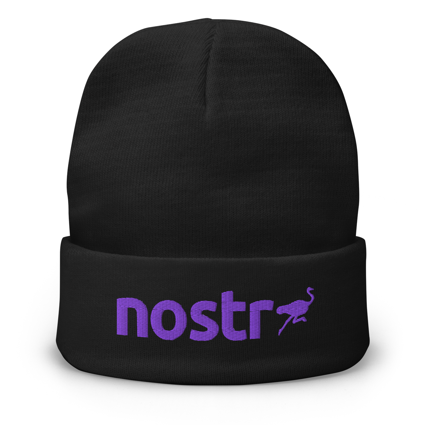 Nostr embroidered nostr beanie, front view: the lowercase nostr wordmark embroidered in purple with a small running ostrich, on a cuffed beanie.
