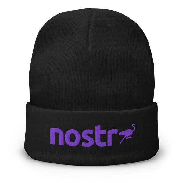 Embroidered Nostr beanie in breathable cotton blend, cozy and form-fitting for censorship-free communication awareness.