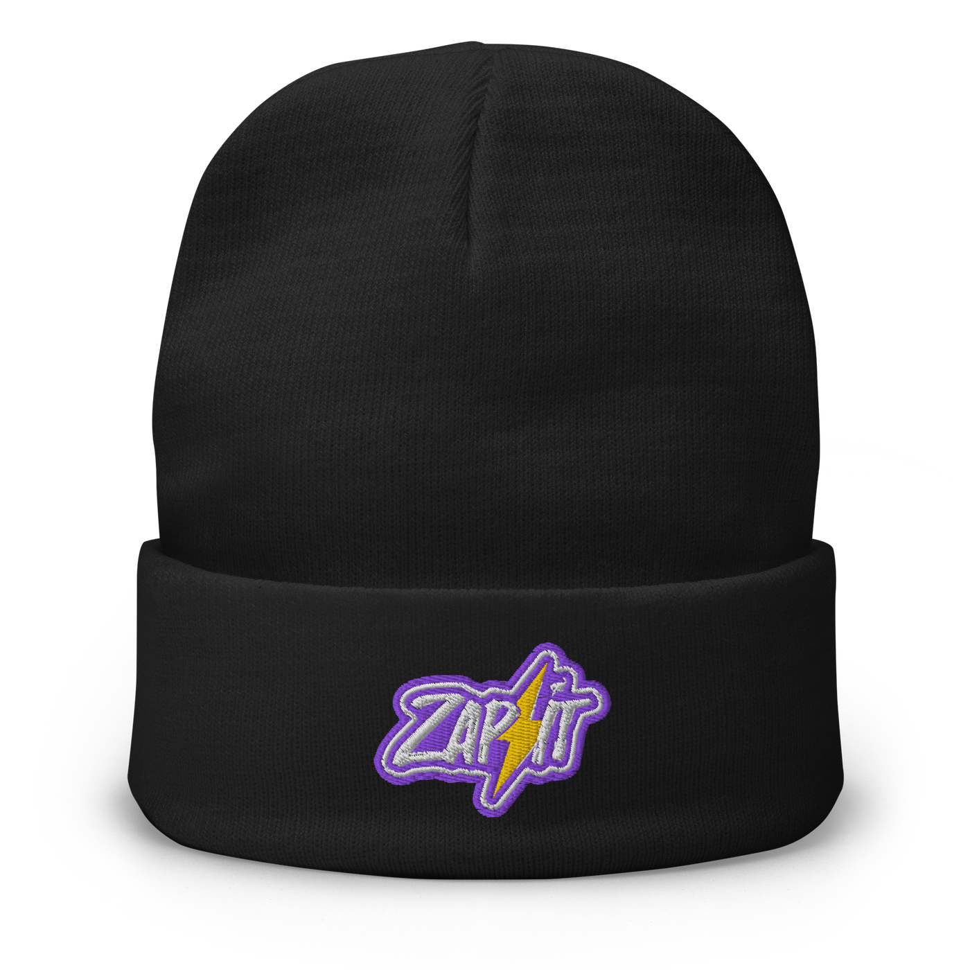 Zap It embroidered nostr beanie, front view: an embroidered patch with a purple border reading Zap it, split by a yellow lightning bolt, on a cuffed beanie.