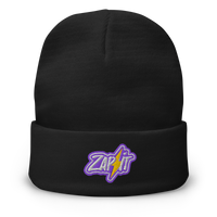 Zap It embroidered nostr beanie, front view: an embroidered patch with a purple border reading Zap it, split by a yellow lightning bolt, on a cuffed beanie.
