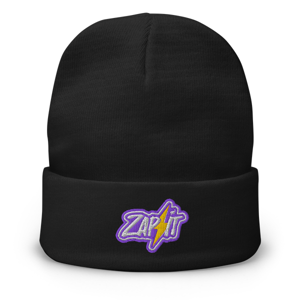 Zap It embroidered nostr beanie, front view: an embroidered patch with a purple border reading Zap it, split by a yellow lightning bolt, on a cuffed beanie.