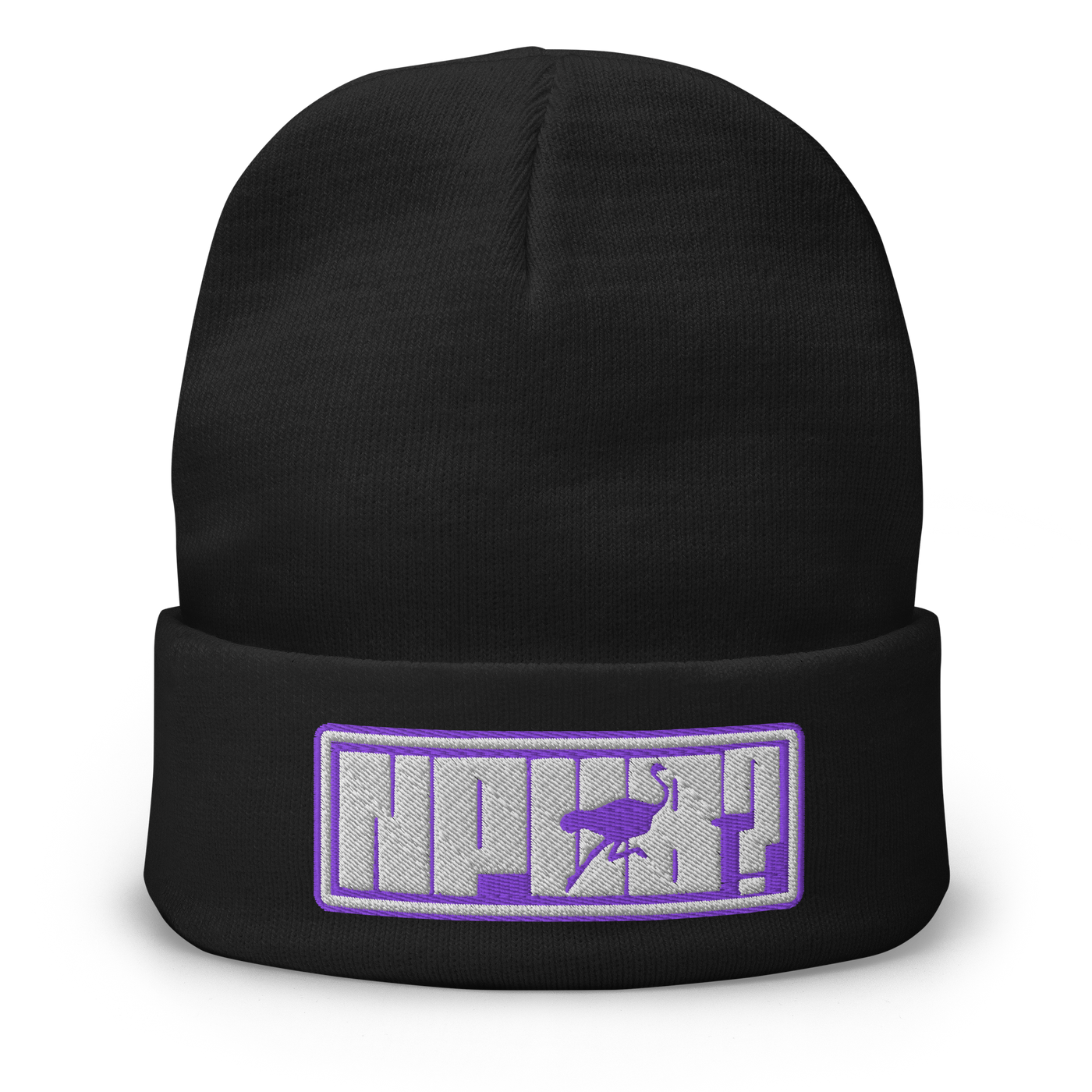 nPub? embroidered nostr beanie, front view: an embroidered patch with a purple border reading nPub?, the letter u formed by an ostrich, on a cuffed beanie.
