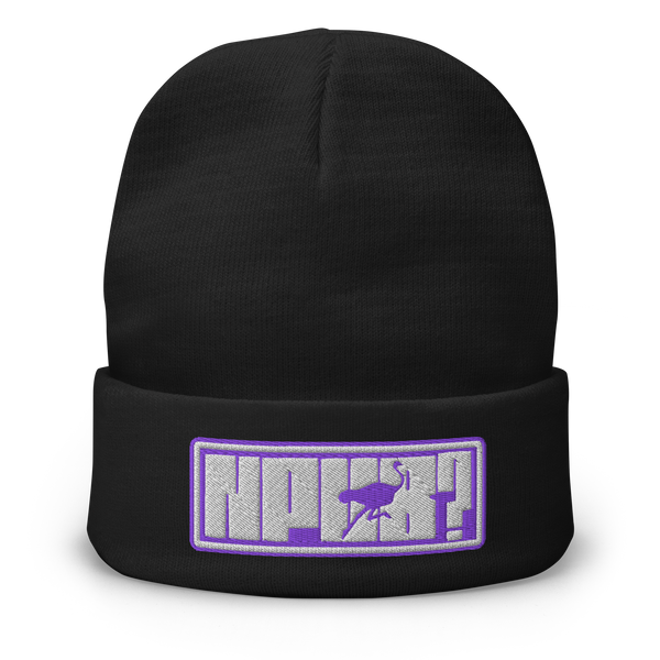 nPub? embroidered nostr beanie, front view: an embroidered patch with a purple border reading nPub?, the letter u formed by an ostrich, on a cuffed beanie.