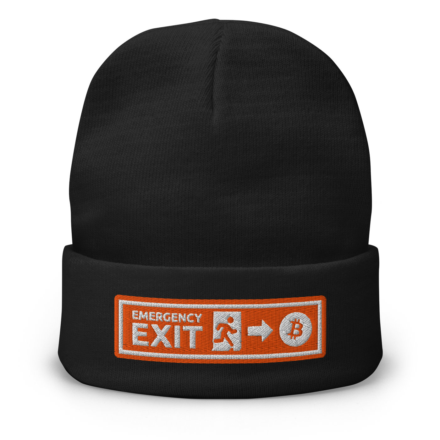 Emergency Exit embroidered bitcoin beanie, front view: an embroidered orange emergency-exit sign patch reading EMERGENCY EXIT with a running figure, an arrow and a bitcoin coin, on a cuffed beanie.