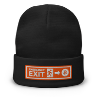 Emergency Exit embroidered bitcoin beanie, front view: an embroidered orange emergency-exit sign patch reading EMERGENCY EXIT with a running figure, an arrow and a bitcoin coin, on a cuffed beanie.