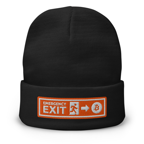 Emergency Exit embroidered bitcoin beanie, front view: an embroidered orange emergency-exit sign patch reading EMERGENCY EXIT with a running figure, an arrow and a bitcoin coin, on a cuffed beanie.