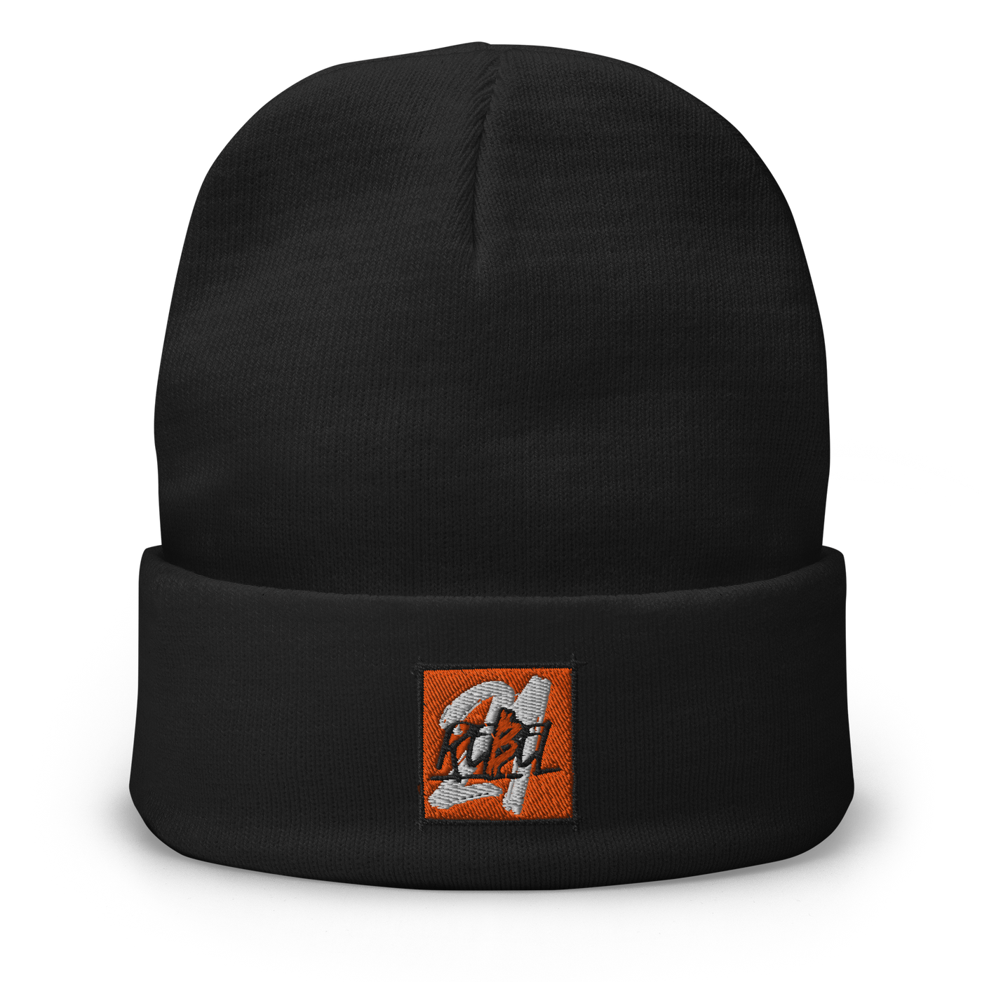 21 Rebel embroidered bitcoin beanie, front view: a black cuffed beanie with the orange 21 Rebel graffiti patch embroidered on the cuff.