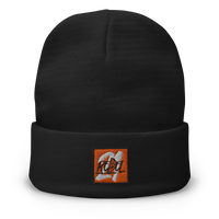 21 Rebel embroidered bitcoin beanie, front view: a black cuffed beanie with the orange 21 Rebel graffiti patch embroidered on the cuff.