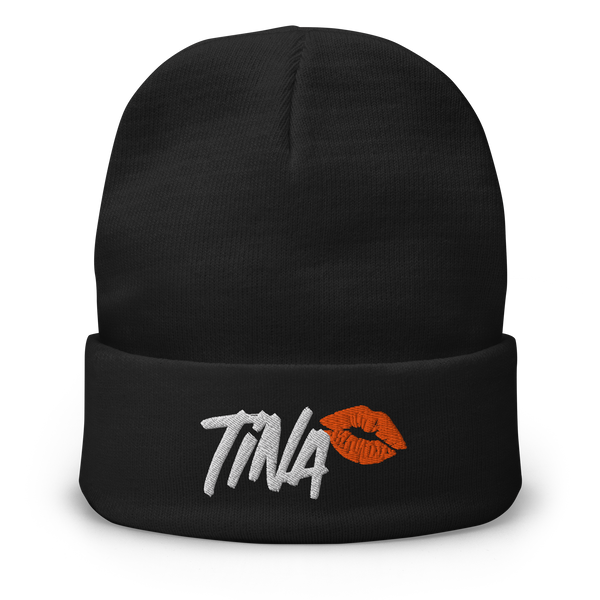 TINA embroidered bitcoin beanie, front view: TINA embroidered in white brush lettering beside an orange lipstick kiss, on a cuffed beanie.