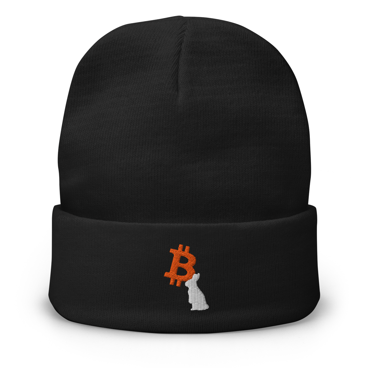 White Rabbit embroidered bitcoin beanie, front view: an orange bitcoin B embroidered on the front with a white rabbit sitting in front of it, on a cuffed beanie.