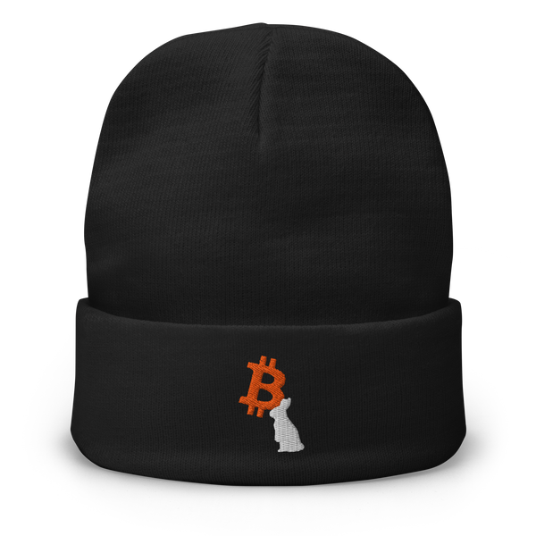 White Rabbit embroidered bitcoin beanie, front view: an orange bitcoin B embroidered on the front with a white rabbit sitting in front of it, on a cuffed beanie.