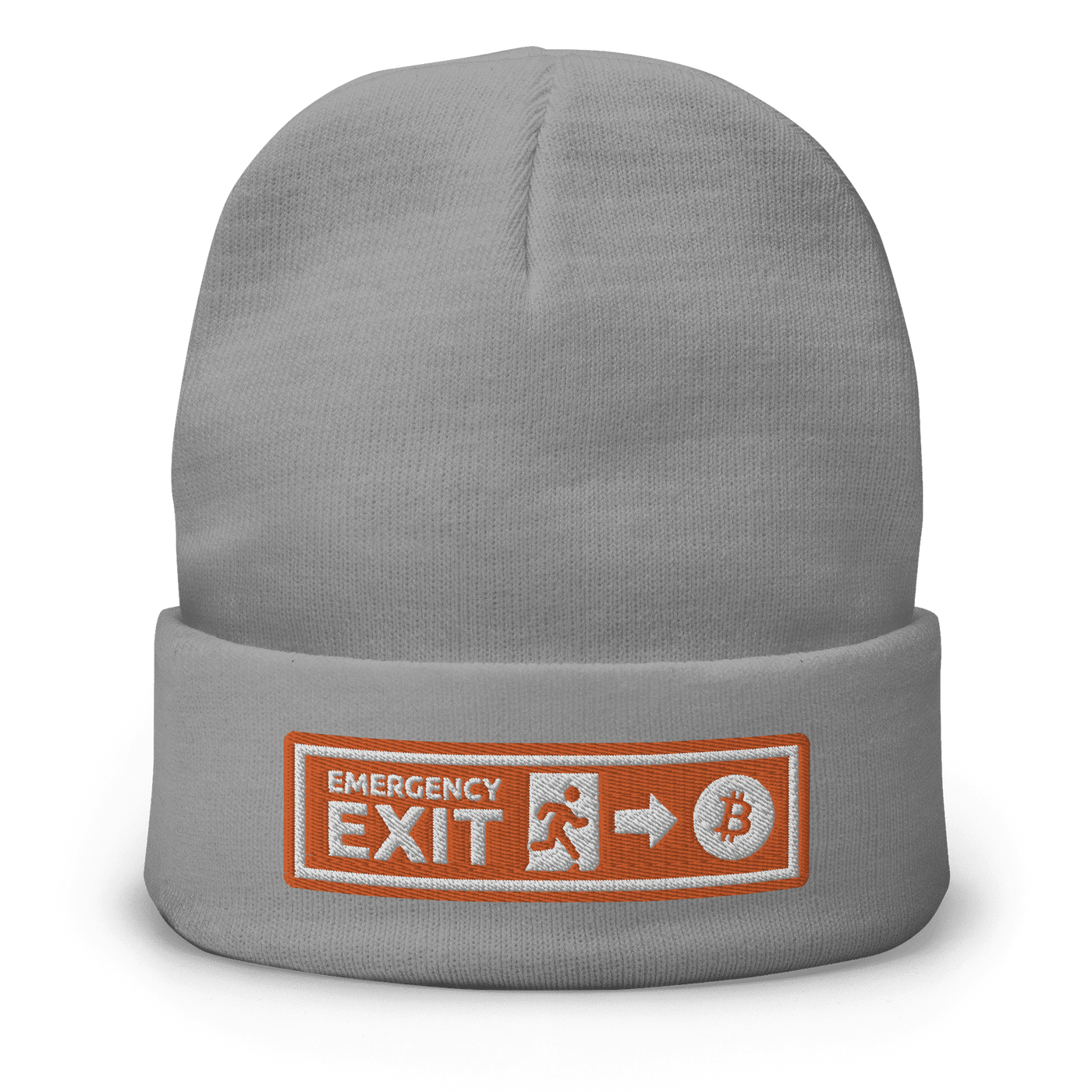 Front view of a grey bitcoin beanie.