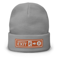 Front view of a grey bitcoin beanie.