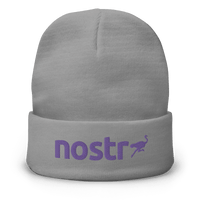 Embroidered Nostr beanie in cotton blend promoting censorship-free communication and bitcoin revolution