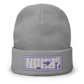Front view of a grey nostr beanie.
