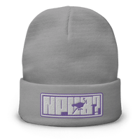 Front view of a grey nostr beanie.