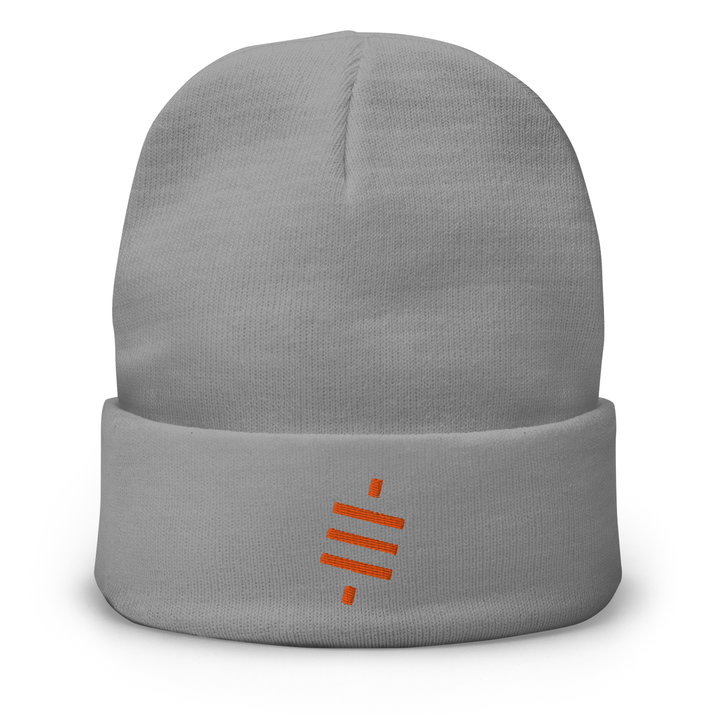 Sats Symbol embroidered bitcoin beanie in Grey, front view.
