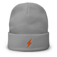 Lightning embroidered bitcoin beanie in Grey, front view.