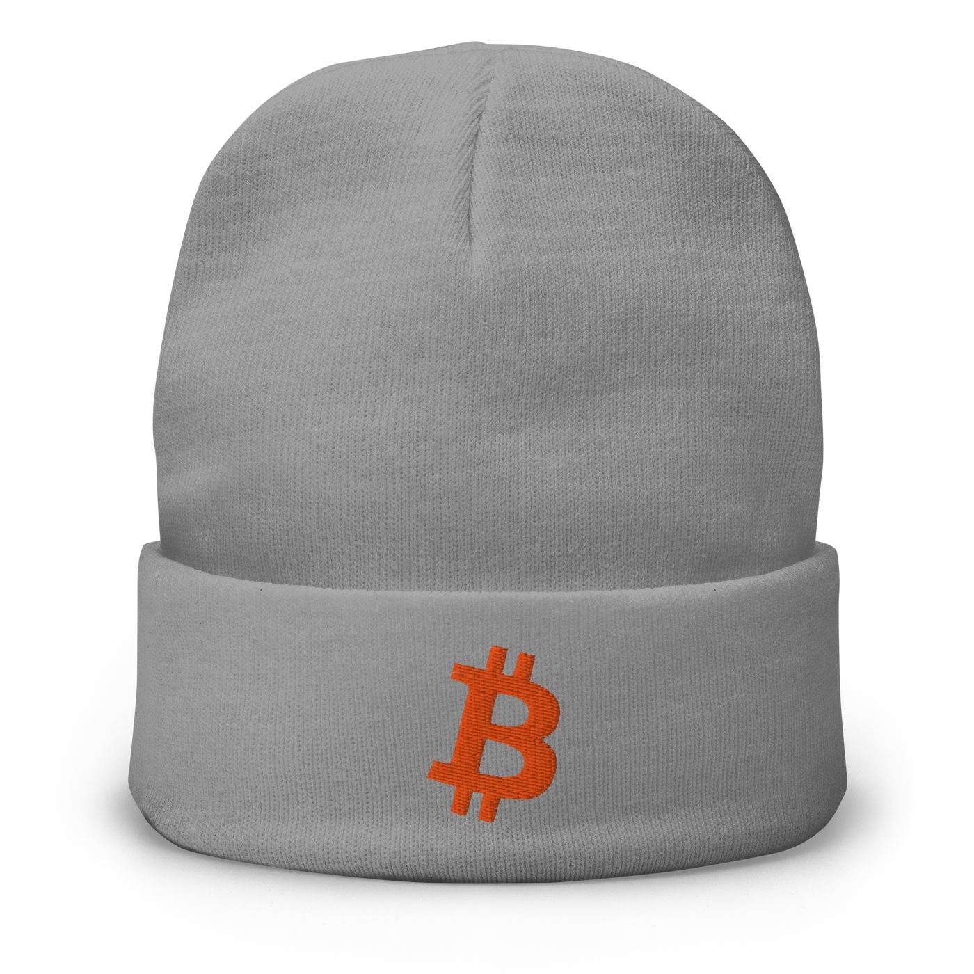 Bitcoin B embroidered bitcoin beanie in Grey, front view.