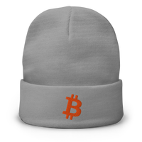 Bitcoin B embroidered bitcoin beanie in Grey, front view.