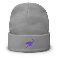 Nostrich embroidered nostr beanie in Grey, front view.