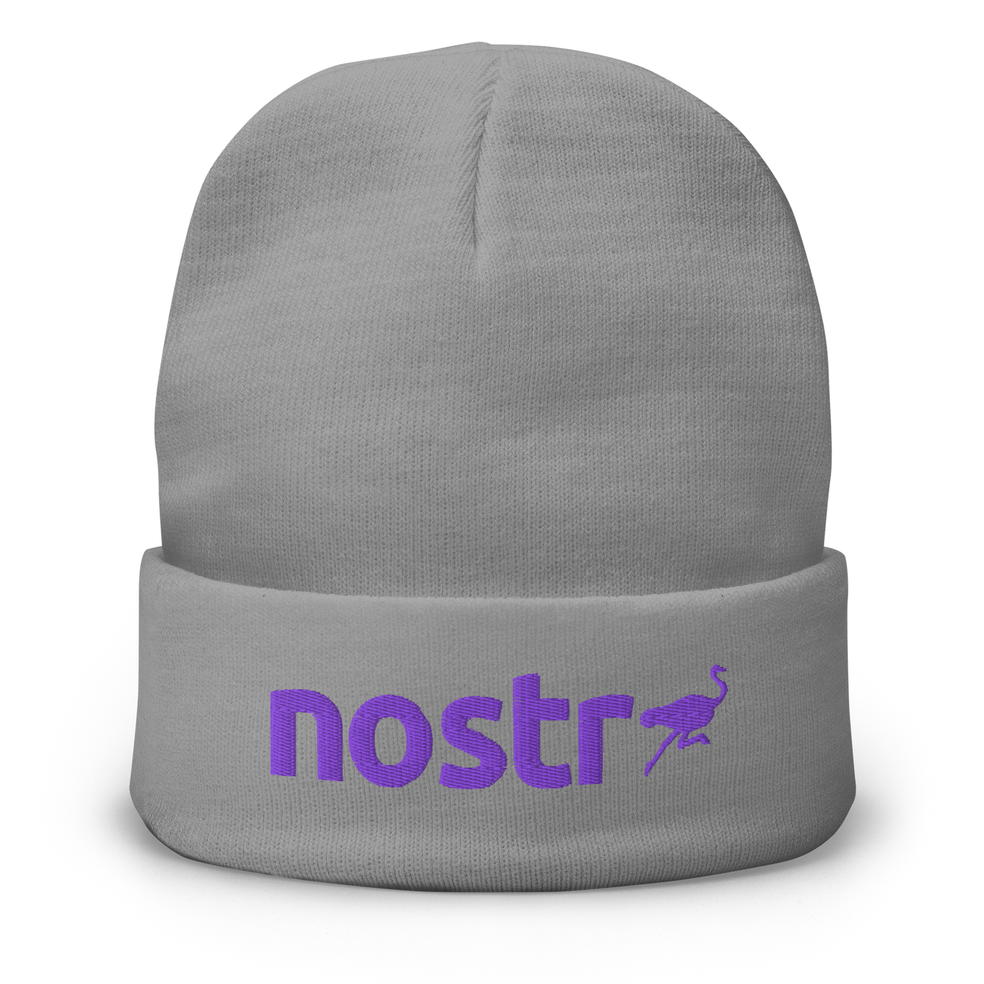 Nostr embroidered nostr beanie in Grey, front view.