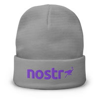Nostr embroidered nostr beanie in Grey, front view.