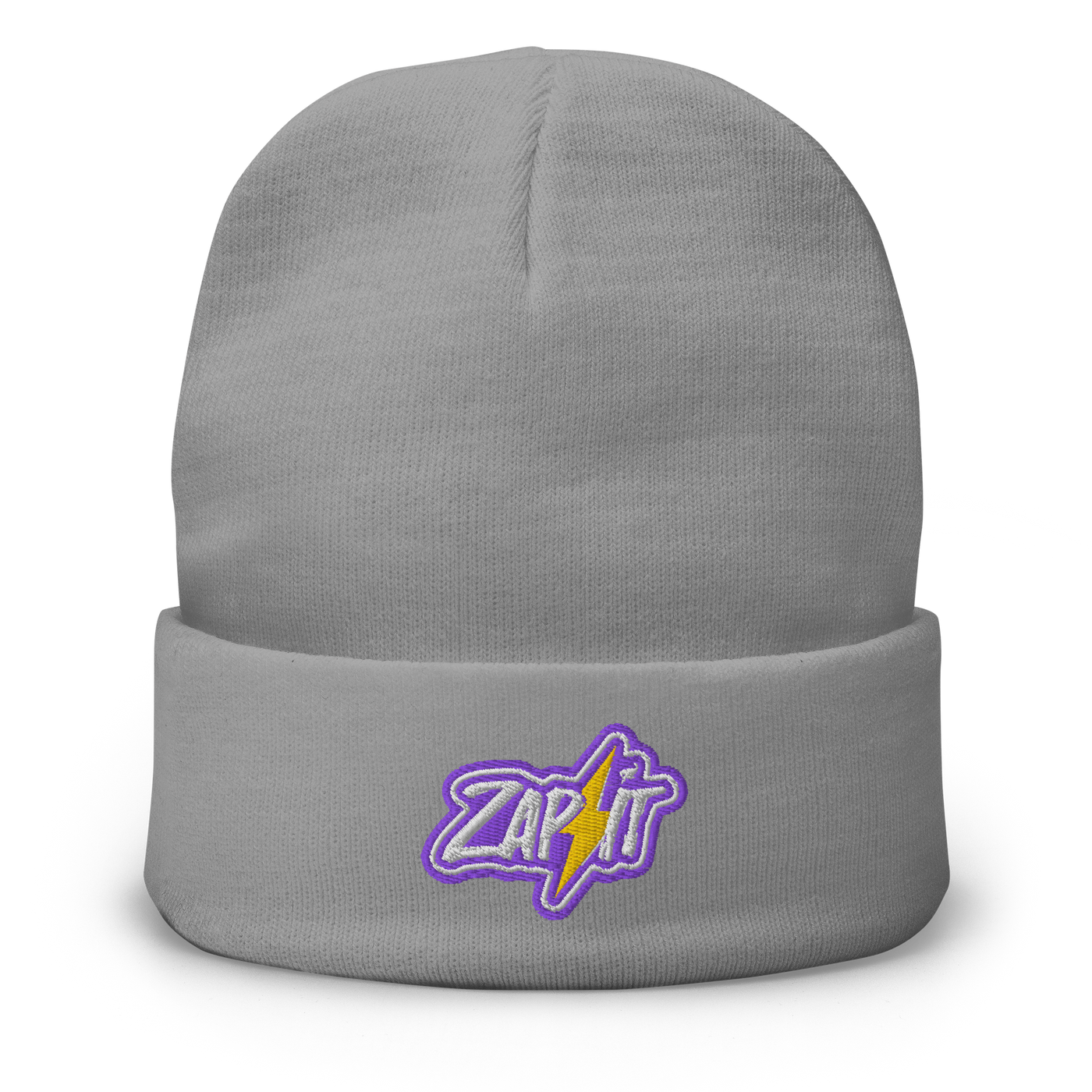 Zap It embroidered nostr beanie in Grey, front view.