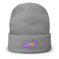 Zap It embroidered nostr beanie in Grey, front view.