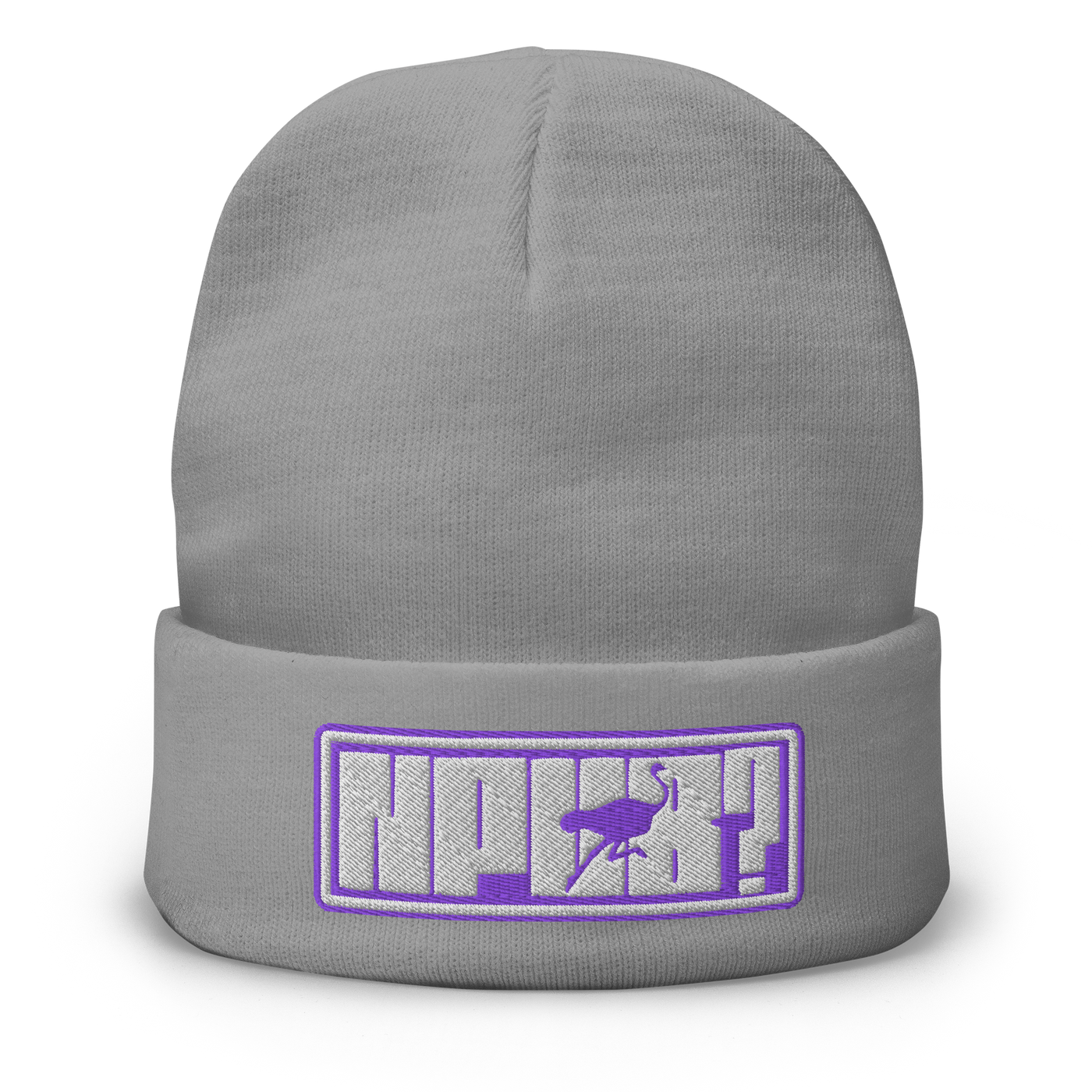 nPub? embroidered nostr beanie in Grey, front view.