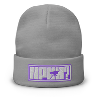 nPub? embroidered nostr beanie in Grey, front view.