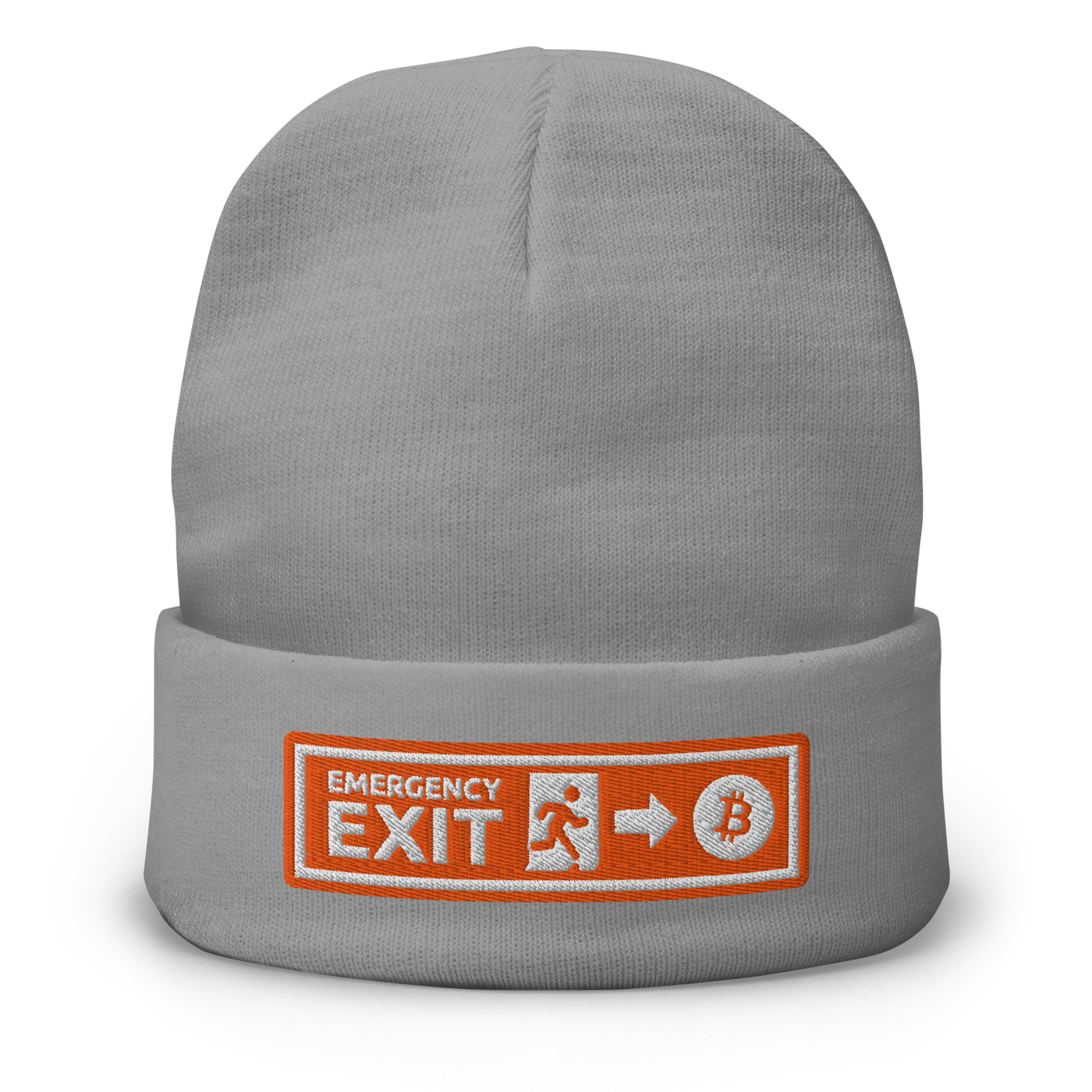 Emergency Exit embroidered bitcoin beanie in Grey, front view.