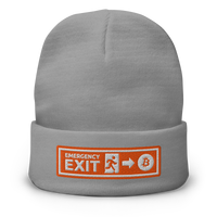 Emergency Exit embroidered bitcoin beanie in Grey, front view.