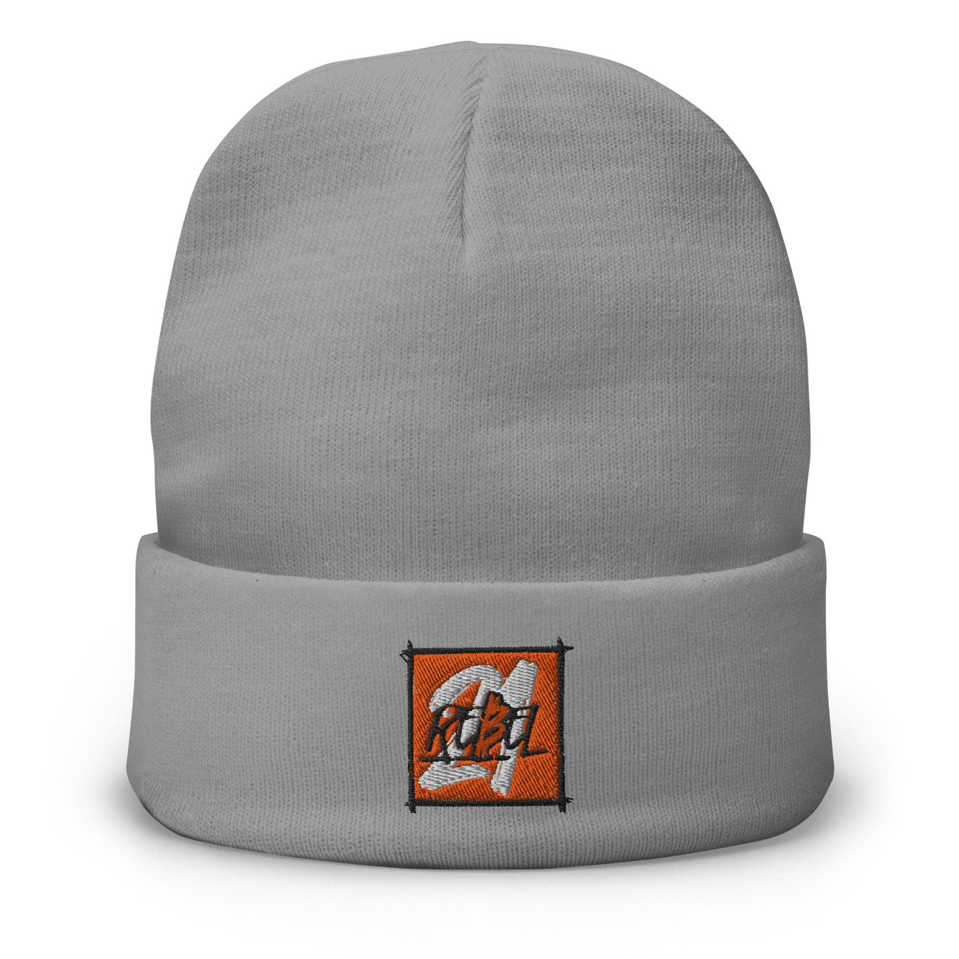 21 Rebel embroidered bitcoin beanie in Grey, front view.