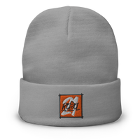 21 Rebel embroidered bitcoin beanie in Grey, front view.