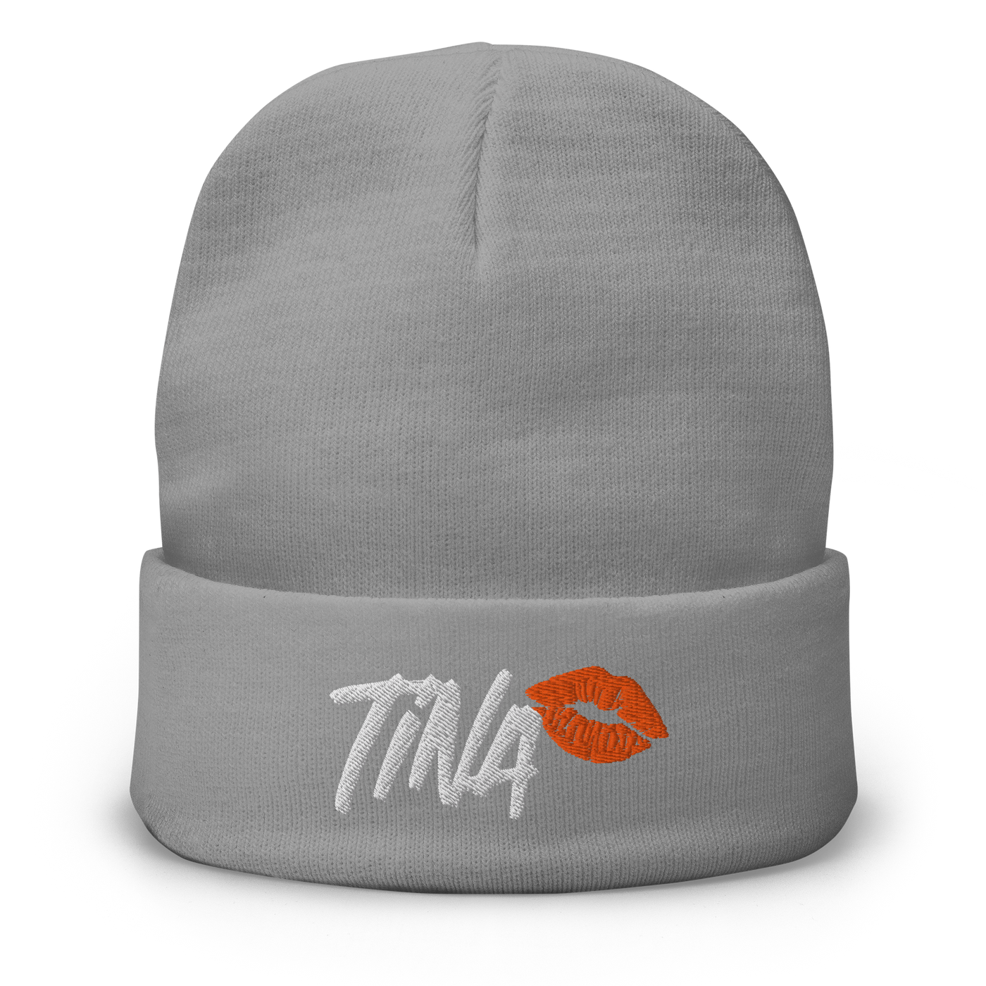 TINA embroidered bitcoin beanie in Grey, front view.