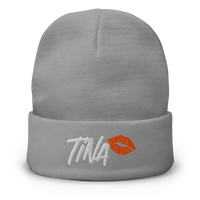 TINA embroidered bitcoin beanie in Grey, front view.