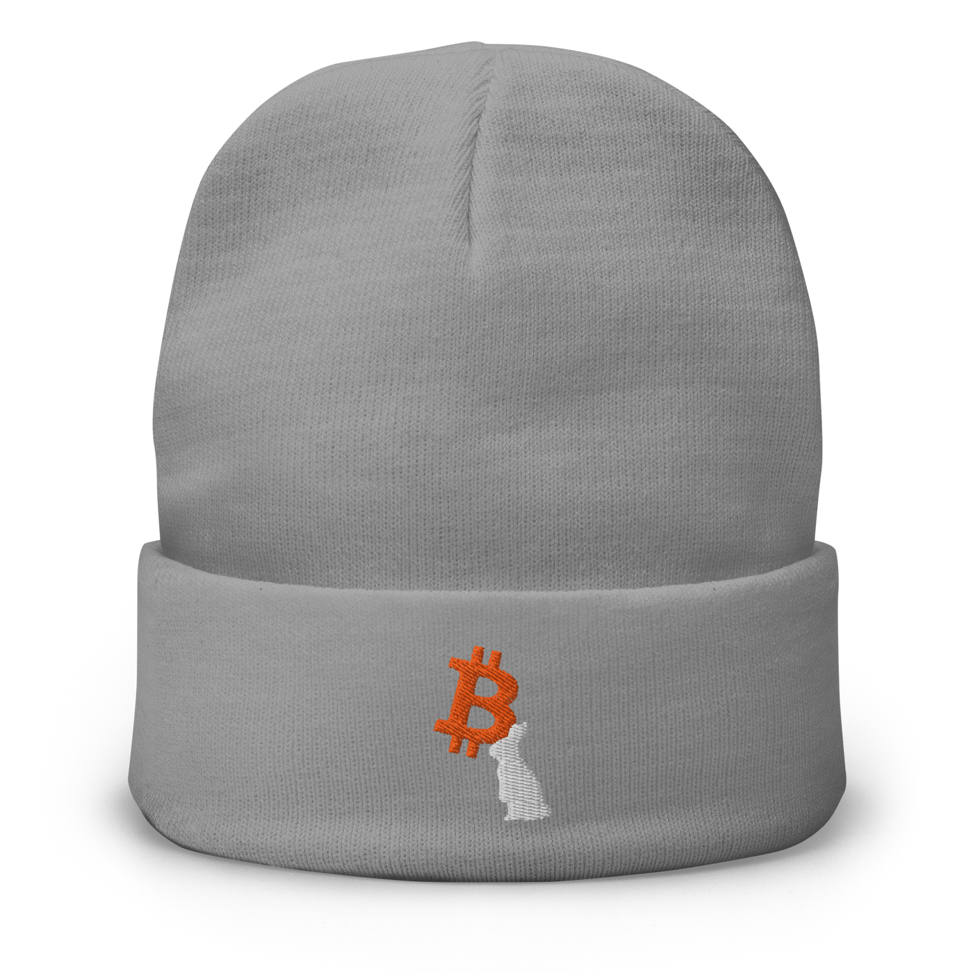 White Rabbit embroidered bitcoin beanie in Grey, front view.