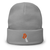 White Rabbit embroidered bitcoin beanie in Grey, front view.
