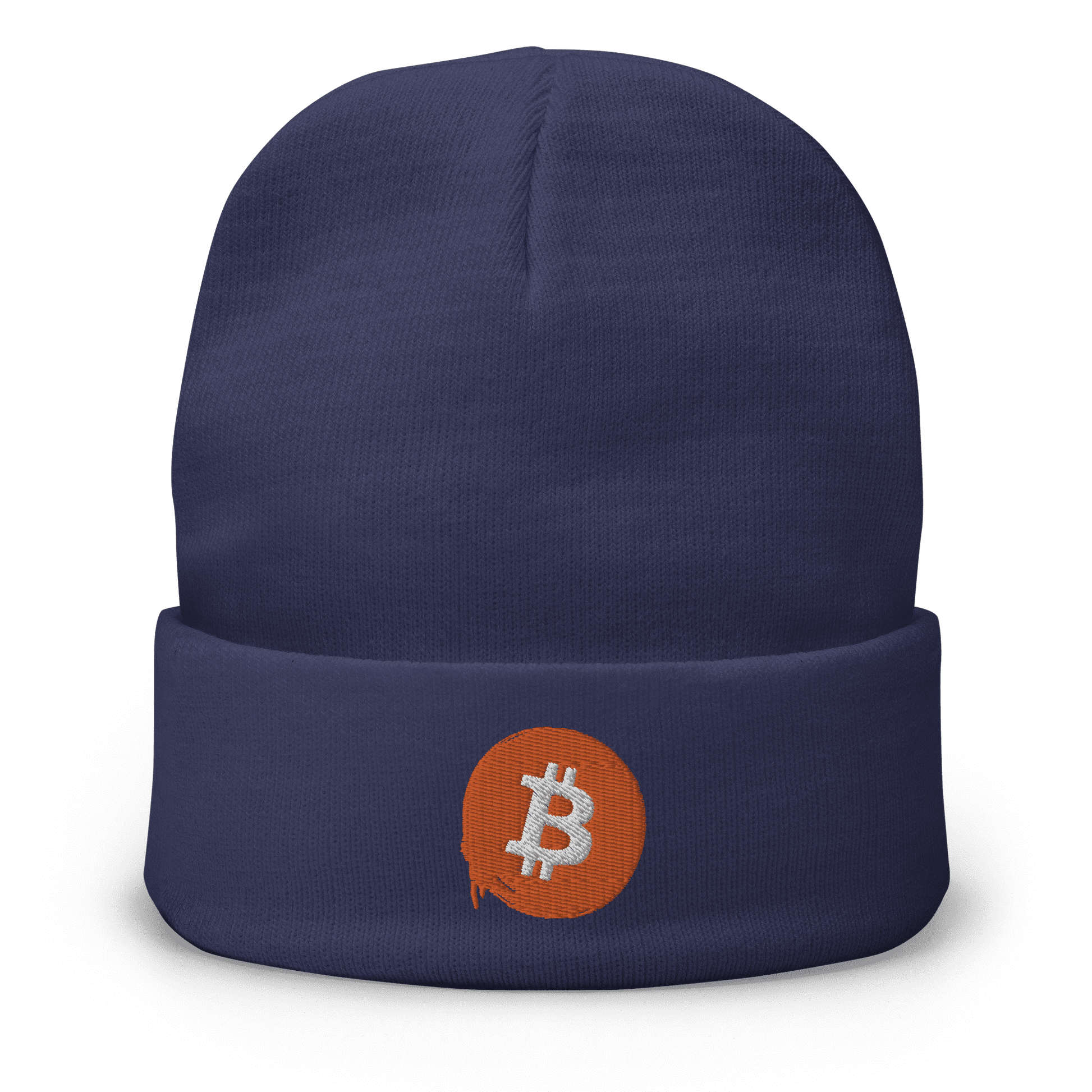 Front view of a navy colored bitcoin beanie.