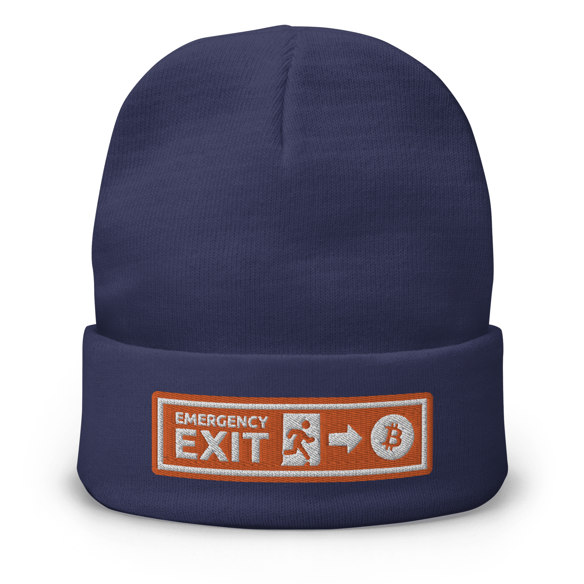 Front view of a navy colored bitcoin beanie.