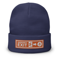Front view of a navy colored bitcoin beanie.